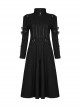 Stand-Up Collar Metal Buckle Crack Leather Strap Decoration Lace-Up Cuff Black Punk Woolen Coat