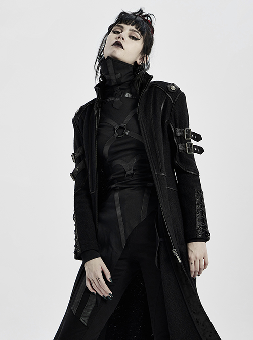 Stand-Up Collar Metal Buckle Crack Leather Strap Decoration Lace-Up Cuff Black Punk Woolen Coat