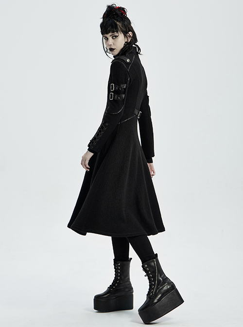 Stand-Up Collar Metal Buckle Crack Leather Strap Decoration Lace-Up Cuff Black Punk Woolen Coat