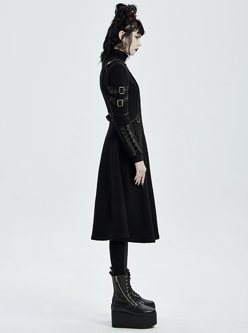 Stand-Up Collar Metal Buckle Crack Leather Strap Decoration Lace-Up Cuff Black Punk Woolen Coat