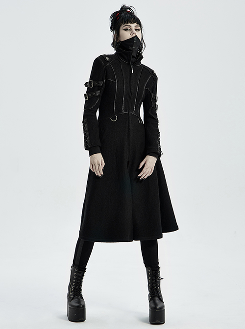 Stand-Up Collar Metal Buckle Crack Leather Strap Decoration Lace-Up Cuff Black Punk Woolen Coat