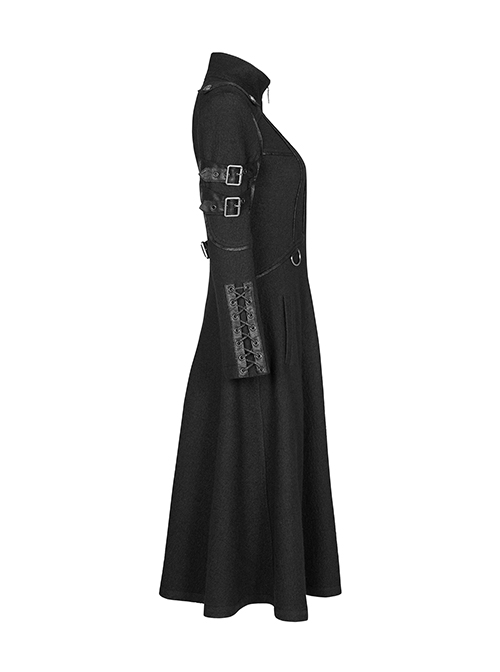 Stand-Up Collar Metal Buckle Crack Leather Strap Decoration Lace-Up Cuff Black Punk Woolen Coat