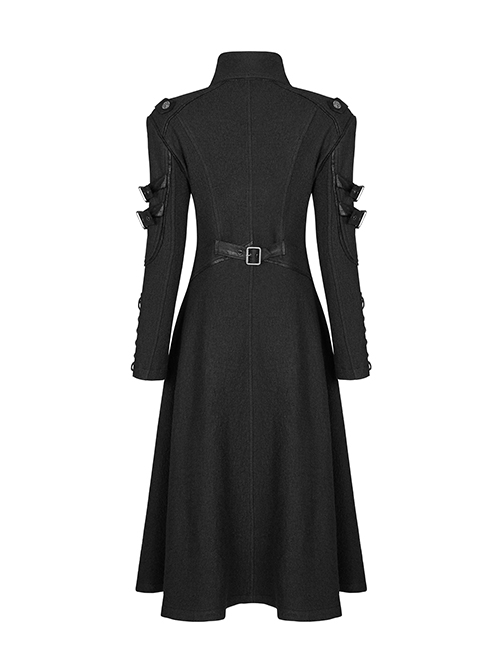 Stand-Up Collar Metal Buckle Crack Leather Strap Decoration Lace-Up Cuff Black Punk Woolen Coat