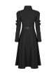Stand-Up Collar Metal Buckle Crack Leather Strap Decoration Lace-Up Cuff Black Punk Woolen Coat