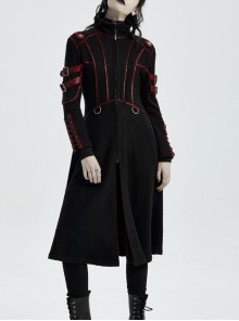 Stand-Up Collar Metal Buckle Red Crack Leather Strap Decoration Lace-Up Cuff Black Punk Woolen Coat