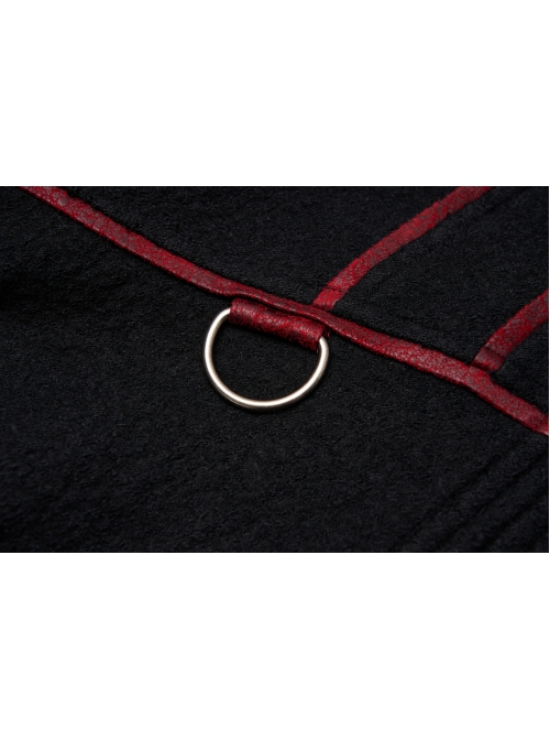 Stand-Up Collar Metal Buckle Red Crack Leather Strap Decoration Lace-Up Cuff Black Punk Woolen Coat