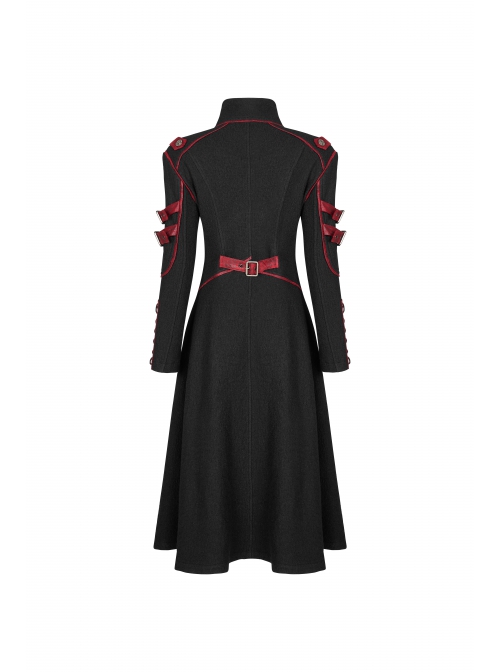 Stand-Up Collar Metal Buckle Red Crack Leather Strap Decoration Lace-Up Cuff Black Punk Woolen Coat
