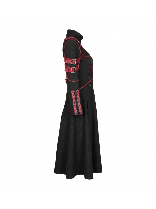 Stand-Up Collar Metal Buckle Red Crack Leather Strap Decoration Lace-Up Cuff Black Punk Woolen Coat