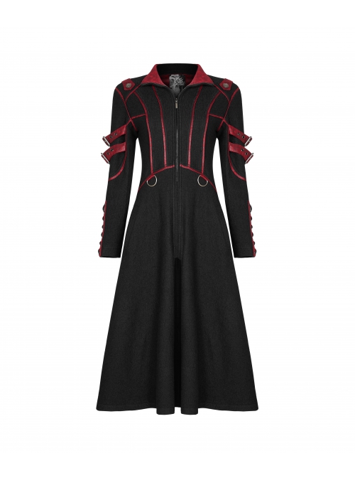 Stand-Up Collar Metal Buckle Red Crack Leather Strap Decoration Lace-Up Cuff Black Punk Woolen Coat