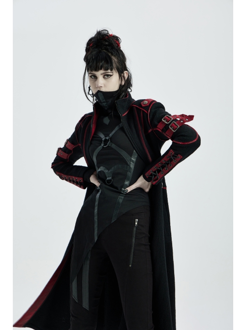 Stand-Up Collar Metal Buckle Red Crack Leather Strap Decoration Lace-Up Cuff Black Punk Woolen Coat