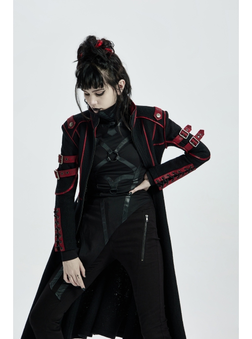 Stand-Up Collar Metal Buckle Red Crack Leather Strap Decoration Lace-Up Cuff Black Punk Woolen Coat