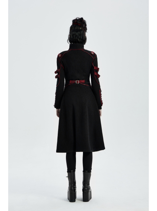 Stand-Up Collar Metal Buckle Red Crack Leather Strap Decoration Lace-Up Cuff Black Punk Woolen Coat