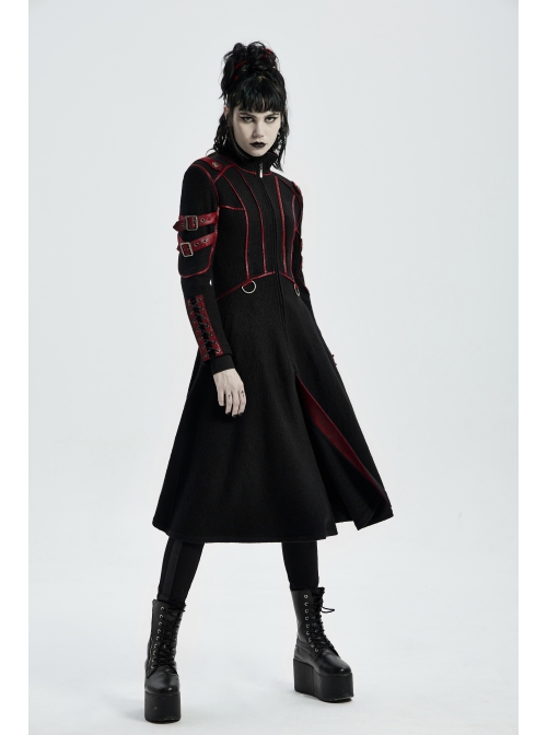 Stand-Up Collar Metal Buckle Red Crack Leather Strap Decoration Lace-Up Cuff Black Punk Woolen Coat