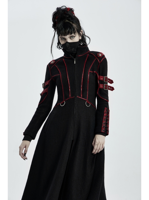 Stand-Up Collar Metal Buckle Red Crack Leather Strap Decoration Lace-Up Cuff Black Punk Woolen Coat