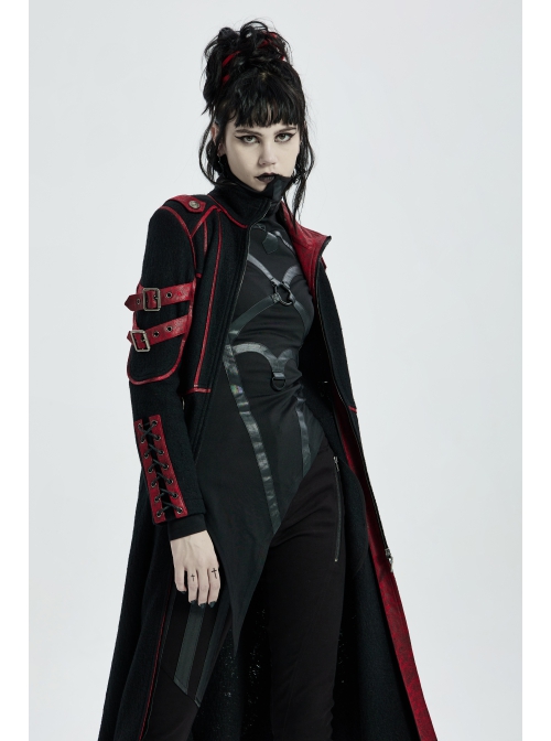 Stand-Up Collar Metal Buckle Red Crack Leather Strap Decoration Lace-Up Cuff Black Punk Woolen Coat