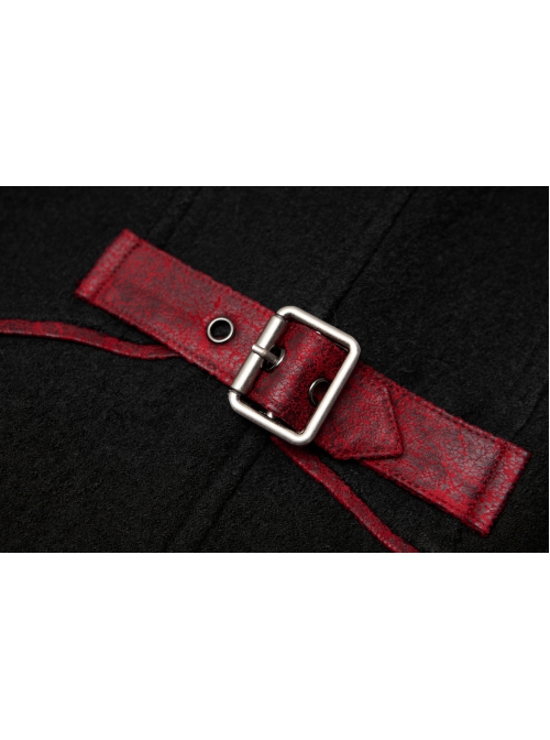Stand-Up Collar Metal Buckle Red Crack Leather Strap Decoration Lace-Up Cuff Black Punk Woolen Coat