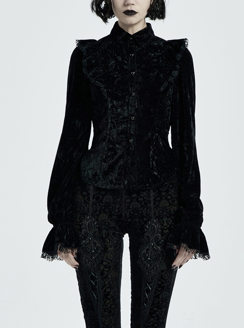 High Collar Front Chest Flounce Lace Cuff Back Waist Lace-Up Black Gothic Print Velvet Blouse