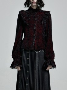 High Collar Front Chest Flounce Lace Cuff Back Waist Lace-Up Dark Red Gothic Print Velvet Blouse