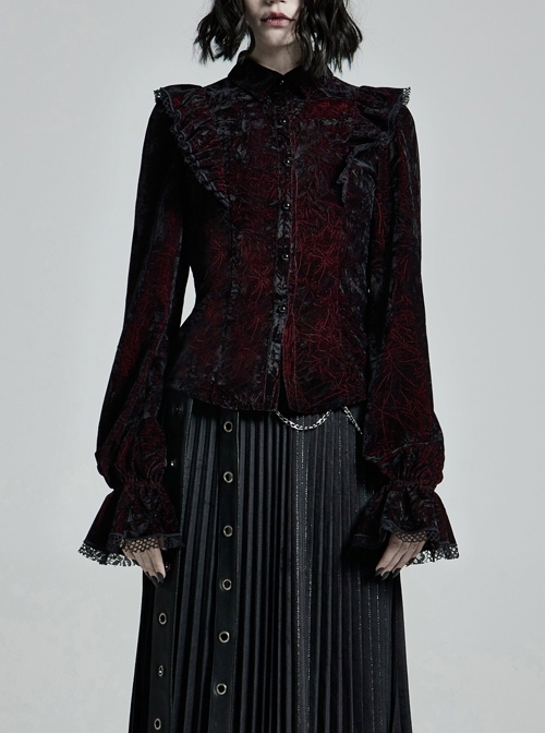 High Collar Front Chest Flounce Lace Cuff Back Waist Lace-Up Dark Red Gothic Print Velvet Blouse