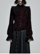 High Collar Front Chest Flounce Lace Cuff Back Waist Lace-Up Dark Red Gothic Print Velvet Blouse