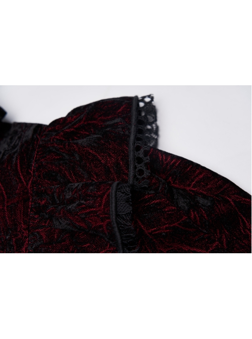 High Collar Front Chest Flounce Lace Cuff Back Waist Lace-Up Dark Red Gothic Print Velvet Blouse