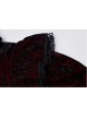 High Collar Front Chest Flounce Lace Cuff Back Waist Lace-Up Dark Red Gothic Print Velvet Blouse