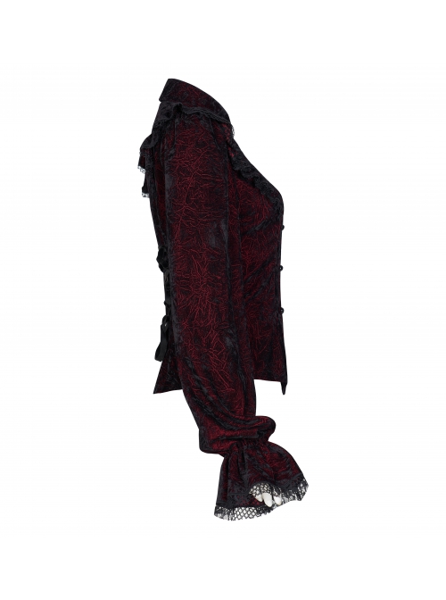 High Collar Front Chest Flounce Lace Cuff Back Waist Lace-Up Dark Red Gothic Print Velvet Blouse
