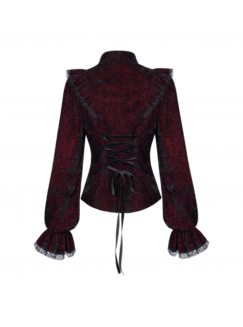 High Collar Front Chest Flounce Lace Cuff Back Waist Lace-Up Dark Red Gothic Print Velvet Blouse