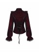 High Collar Front Chest Flounce Lace Cuff Back Waist Lace-Up Dark Red Gothic Print Velvet Blouse