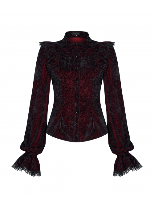 High Collar Front Chest Flounce Lace Cuff Back Waist Lace-Up Dark Red Gothic Print Velvet Blouse