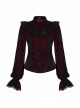 High Collar Front Chest Flounce Lace Cuff Back Waist Lace-Up Dark Red Gothic Print Velvet Blouse