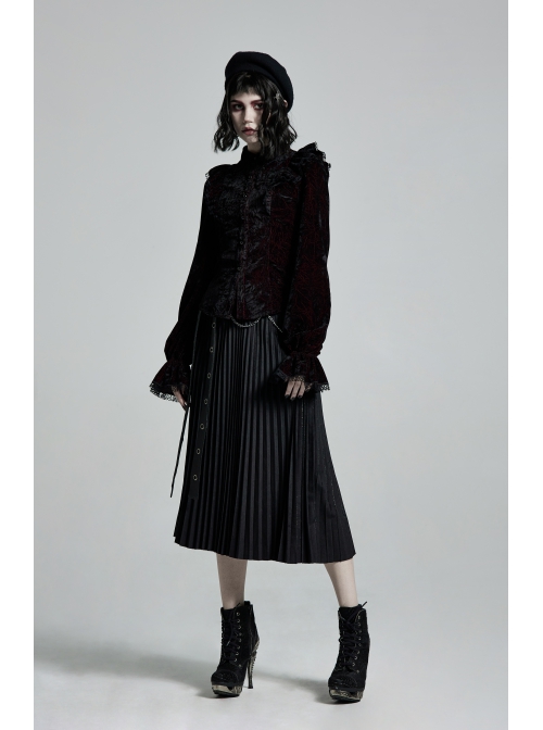 High Collar Front Chest Flounce Lace Cuff Back Waist Lace-Up Dark Red Gothic Print Velvet Blouse