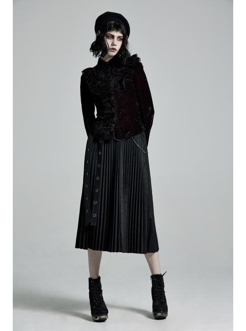 High Collar Front Chest Flounce Lace Cuff Back Waist Lace-Up Dark Red Gothic Print Velvet Blouse