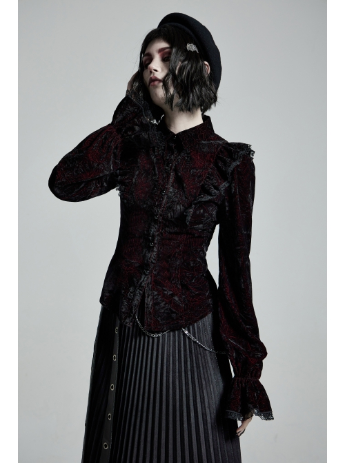 High Collar Front Chest Flounce Lace Cuff Back Waist Lace-Up Dark Red Gothic Print Velvet Blouse