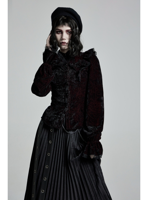 High Collar Front Chest Flounce Lace Cuff Back Waist Lace-Up Dark Red Gothic Print Velvet Blouse