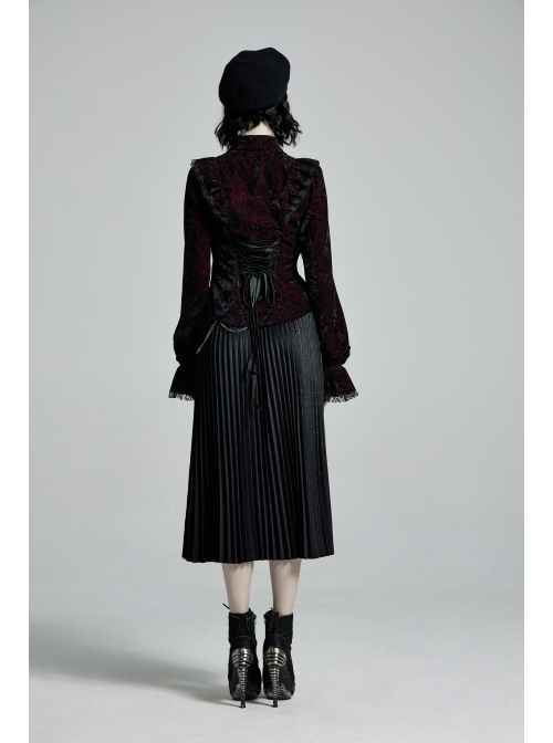 High Collar Front Chest Flounce Lace Cuff Back Waist Lace-Up Dark Red Gothic Print Velvet Blouse