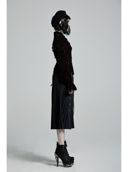 High Collar Front Chest Flounce Lace Cuff Back Waist Lace-Up Dark Red Gothic Print Velvet Blouse