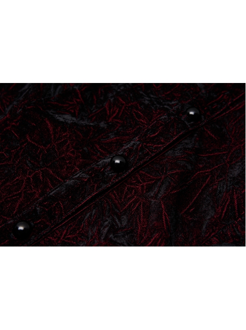 High Collar Front Chest Flounce Lace Cuff Back Waist Lace-Up Dark Red Gothic Print Velvet Blouse