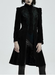 Stand-Up Collar Front Chest Decals Back Waist Lace-Up Black Gothic Velvet Coat
