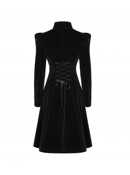 Stand-Up Collar Front Chest Decals Back Waist Lace-Up Black Gothic Velvet Coat