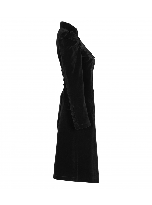 Stand-Up Collar Front Chest Decals Back Waist Lace-Up Black Gothic Velvet Coat