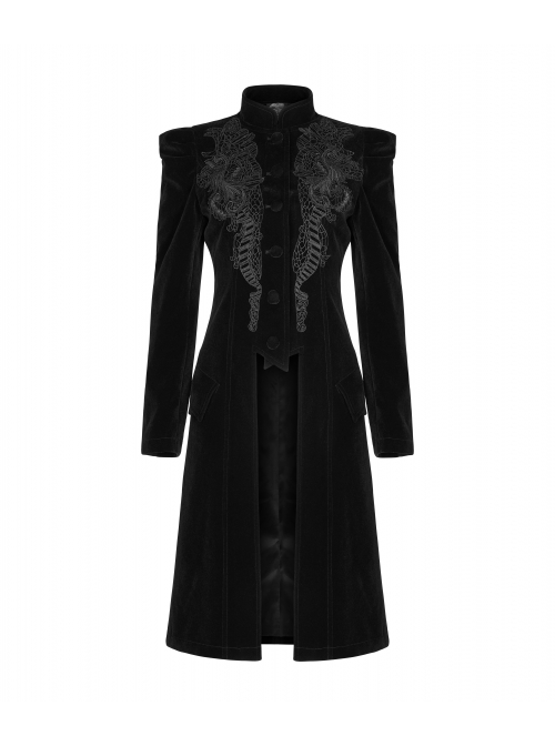 Stand-Up Collar Front Chest Decals Back Waist Lace-Up Black Gothic Velvet Coat