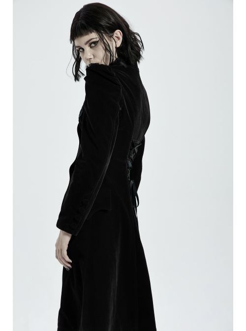 Stand-Up Collar Front Chest Decals Back Waist Lace-Up Black Gothic Velvet Coat