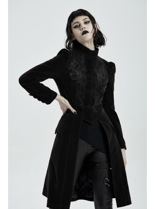 Stand-Up Collar Front Chest Decals Back Waist Lace-Up Black Gothic Velvet Coat