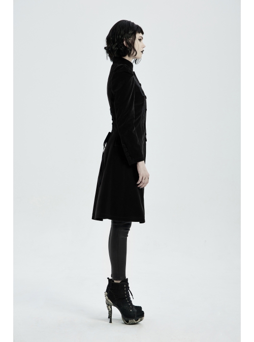 Stand-Up Collar Front Chest Decals Back Waist Lace-Up Black Gothic Velvet Coat