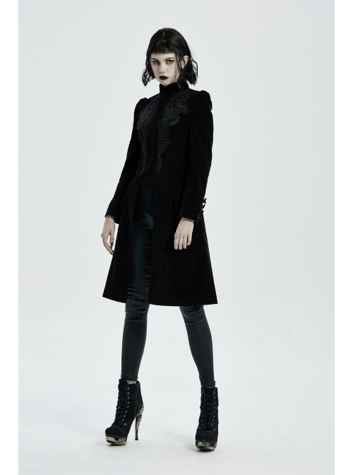 Stand-Up Collar Front Chest Decals Back Waist Lace-Up Black Gothic Velvet Coat