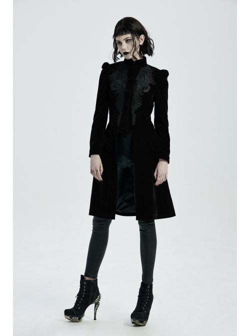 Stand-Up Collar Front Chest Decals Back Waist Lace-Up Black Gothic Velvet Coat