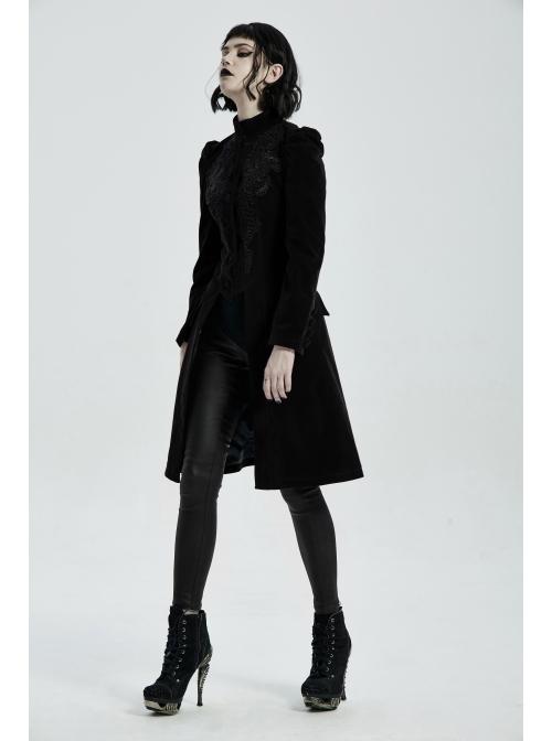 Stand-Up Collar Front Chest Decals Back Waist Lace-Up Black Gothic Velvet Coat
