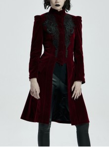 Stand-Up Collar Front Chest Decals Back Waist Lace-Up Wine Red Gothic Velvet Coat