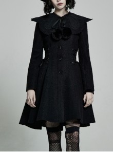 Fur Collar Fur Ball Decoration Front Retro Rose Button Black Gothic Jacquard Woolen Coat